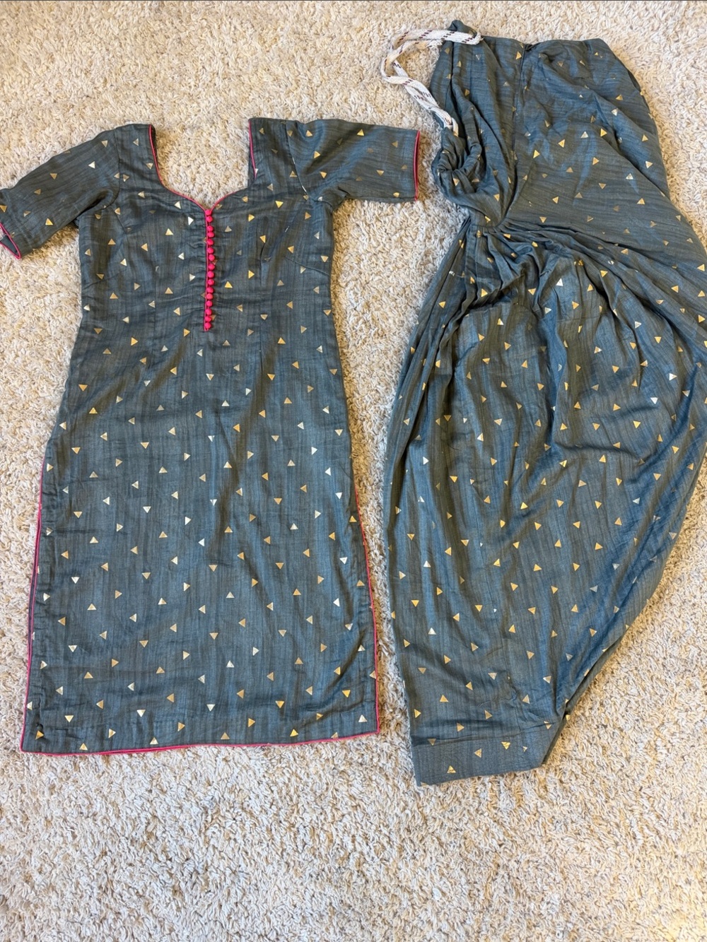 Grey Cotton salwar kameez with Gold Triangle Print